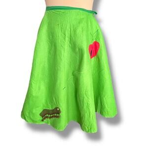 Vintage 50s Green Felt Circle Skirt Caterpillar Red Apple Applique Rockabilly